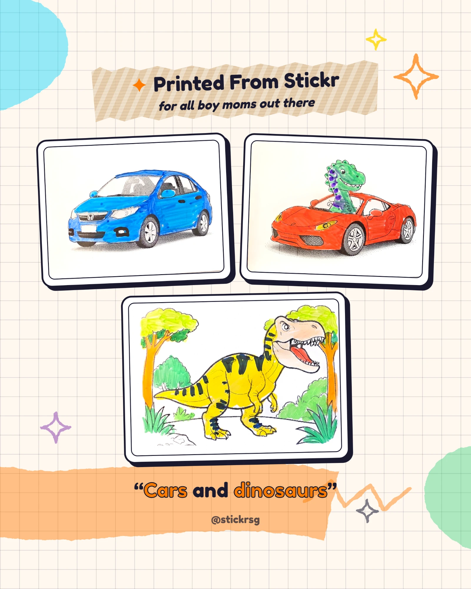 Blue car and a dinosaur driving a red sports car, printed and colored — Cars and dinosaurs