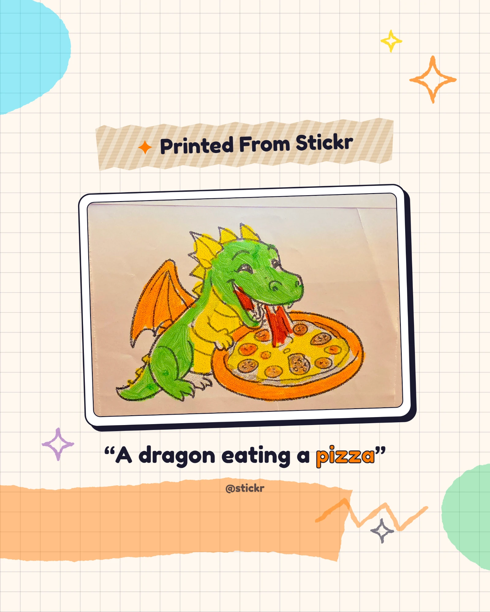 A colored dragon eating a pizza printed from Stickr
