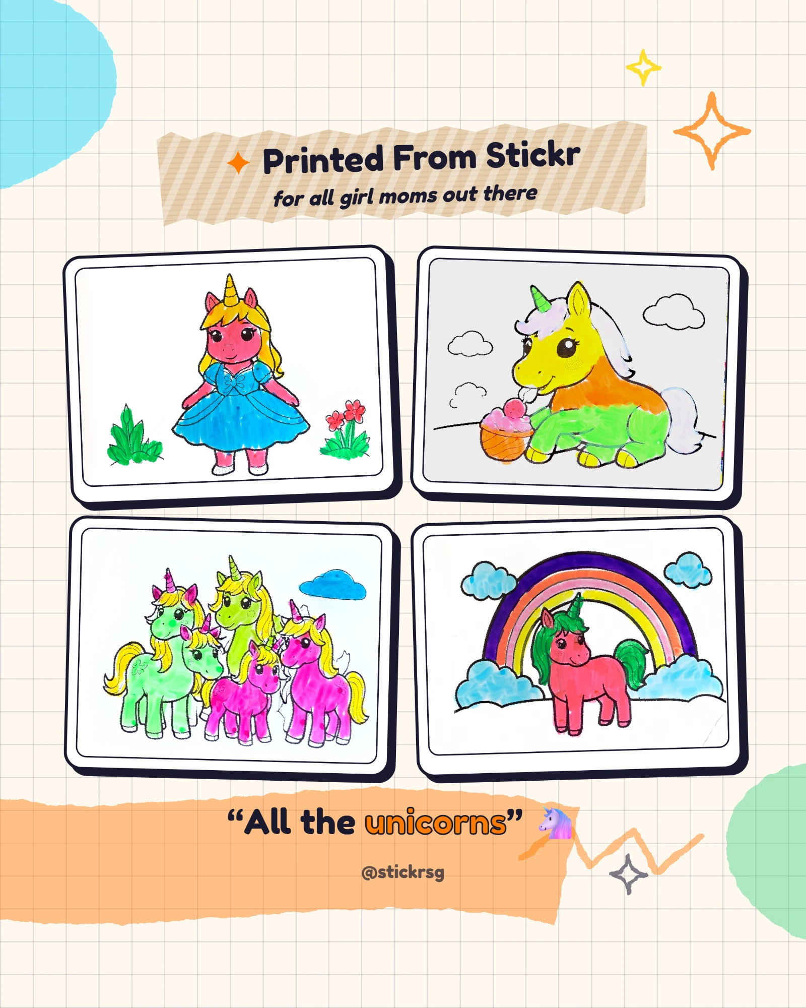 All the unicorns — four colored unicorn prints from Stickr