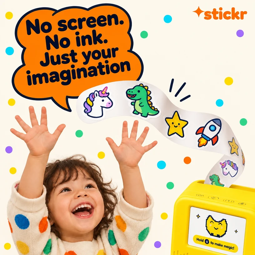 No screen. No ink. Just your imagination: a laughing child reaching for stickers printing out of Stickr