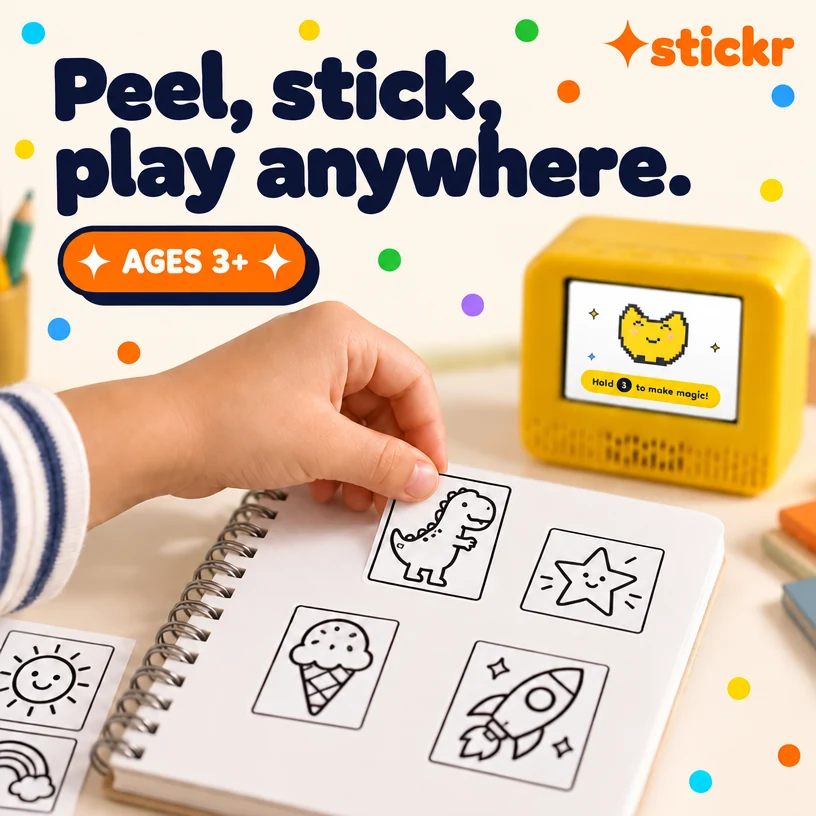Peel, stick, play anywhere: a child sticking a dinosaur sticker into a notebook, ages 3+