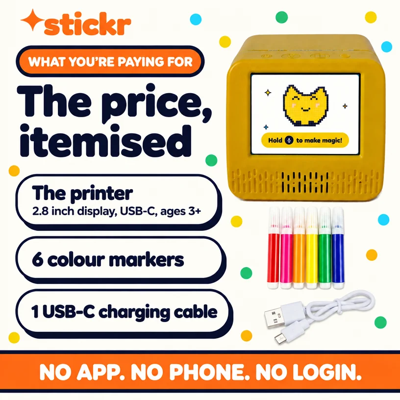 The price, itemised: the Stickr printer (2.8 inch display, USB-C, ages 3+), 6 colour markers and 1 USB-C charging cable