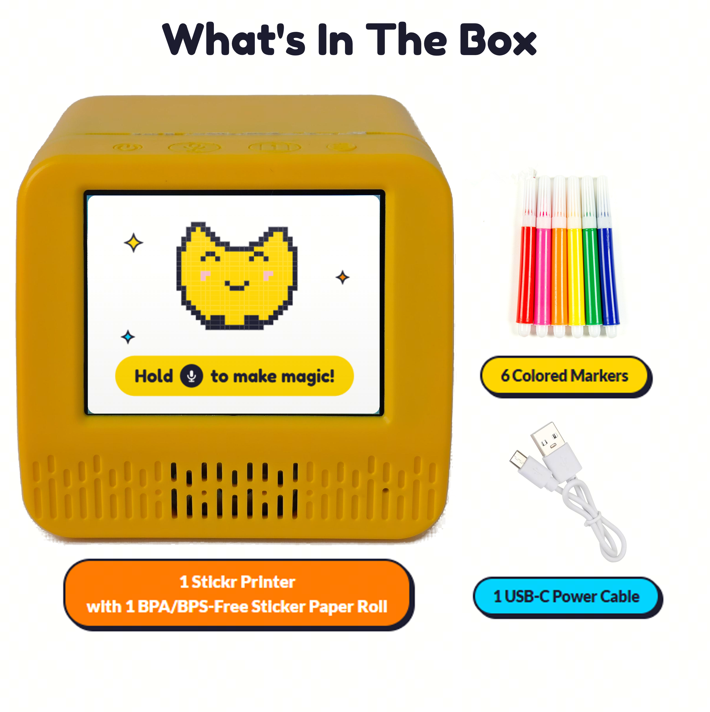 What's in the box: Stickr printer, colored markers, USB-C cable