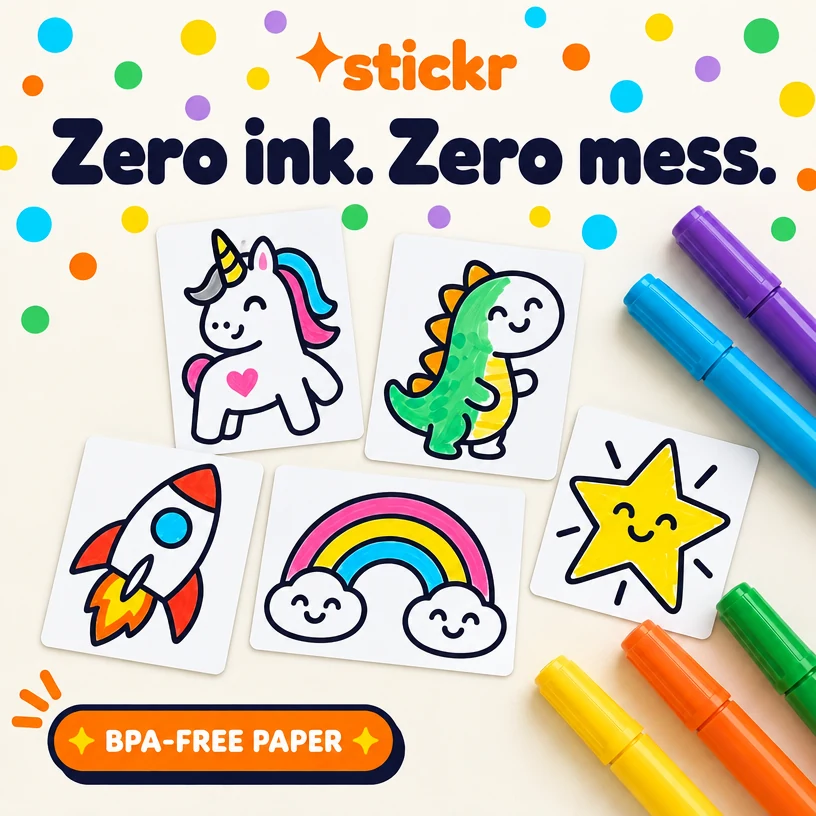 Zero ink. Zero mess: colored-in stickers on BPA-free paper with markers